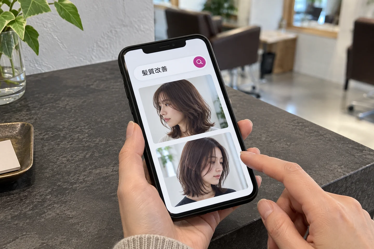 髪質改善をテーマに情報を探すスマートフォンの活用イメージ