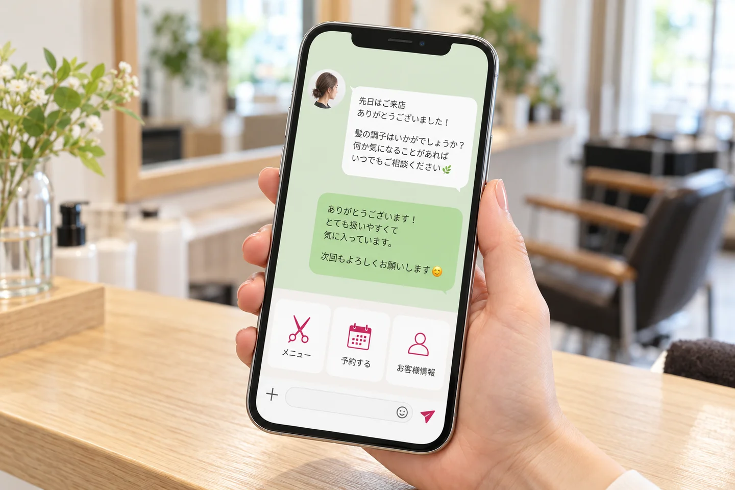 スマートフォンを使った美容室のお客様へのメッセージ配信イメージ