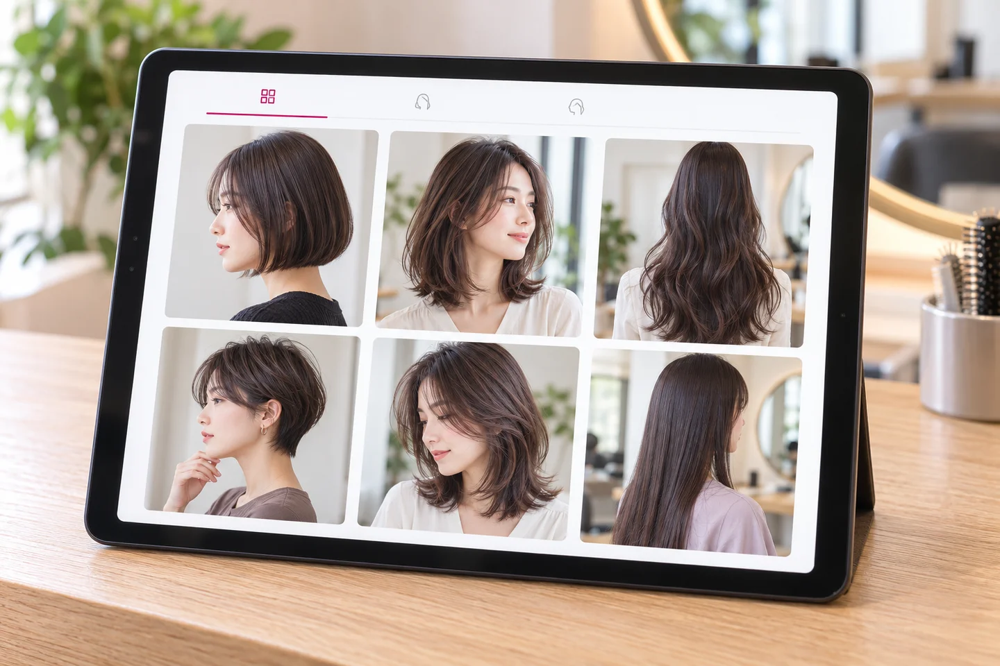 ヘアスタイル写真を大きく並べたタブレットの活用イメージ